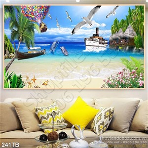 Tranh thuyền buồm xuôi gió tàu và resort