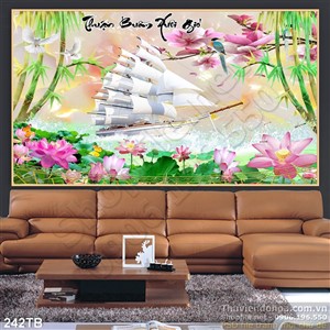 Tranh thuyền buồm xuôi gió 3d hoa sen và con tàu nhỏ