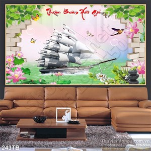 Tranh thuyền buồm xuôi gió cửa sổ và con thuyền lớn