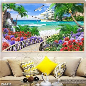 Tranh thuyền buồm xuôi gió hoa tú cầu và cây cầu