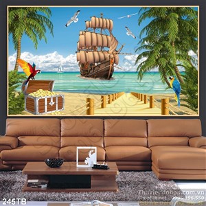 Tranh thuyền buồm xuôi gió vector con thuyền và kho báu in uv