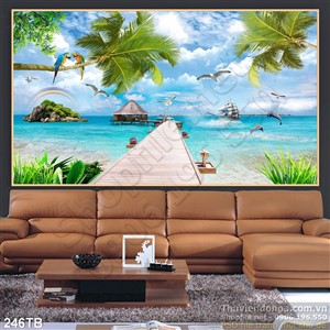 Tranh thuyền buồm xuôi gió cây cầu đi ra biển uv