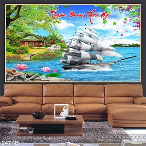 Tranh thuyền buồm xuôi gió ngôi nhà nhỏ và con thuyền lớn psd