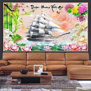 Tranh thuyền buồm xuôi gió giả ngọc công và hoa sen psd