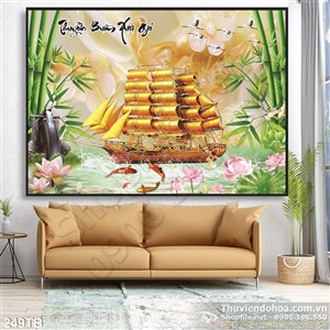 Tranh thuyền buồm xuôi gió thuyền vàng và đàn cò