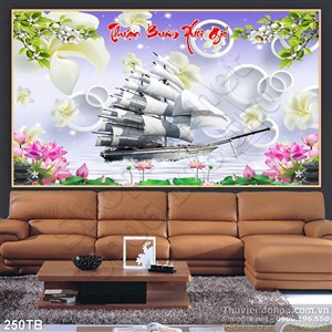 Tranh thuyền buồm xuôi gió 3d in uv hoa sen