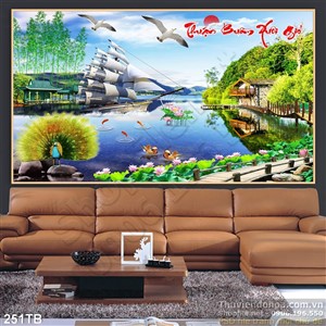 Tranh thuyền buồm xuôi gió hồ nước lớn và con công psd