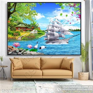 Tranh thuyền buồm xuôi gió thuyền và ngôi nhà nhỏ uv