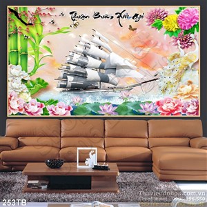 Tranh thuyền buồm xuôi gió giả ngọc hoa sen