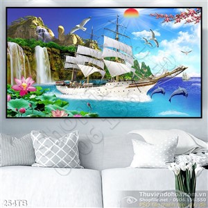 Tranh thuyền buồm xuôi gió hoa sen và cá heo