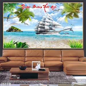 Tranh thuyền buồm xuôi gió cá heo bơi lội