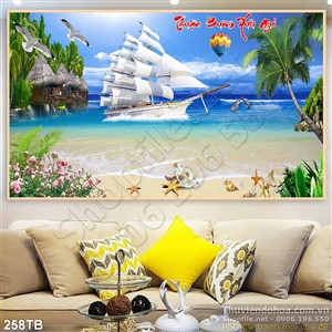 Tranh thuyền buồm xuôi gió chòi lá và bãi cát psd