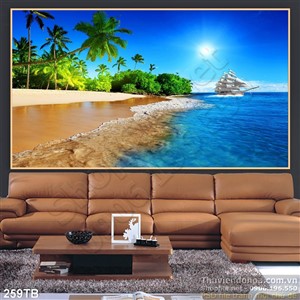 Tranh thuyền buồm xuôi gió bãi biển tuyệt đẹp in uv