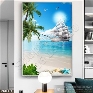 Tranh thuyền buồm xuôi gió khổ dọc vỏ ốc trên bãi biển
