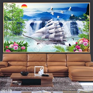 Tranh thuyền buồm xuôi gió thác nước và chim hạc