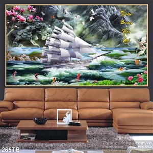 Tranh thuyền buồm xuôi gió sóng lớn và con thuyền in psd