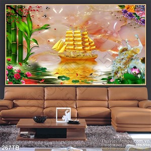 Tranh thuyền buồm xuôi gió thuyền vàng và con công giả ngọc