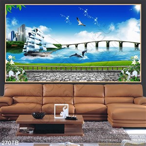 Tranh thuyền buồm xuôi gió 3d cây cầu vượt biển