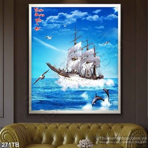 Tranh thuyền buồm xuôi gió cá heo nhảy múa in psd