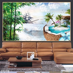 Tranh thuyền buồm xuôi gió trái dừa và bụi tre già