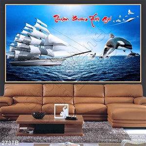 Tranh thuyền buồm xuôi gió cá voi dẫn đường wall