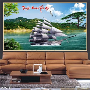 Tranh thuyền buồm xuôi gió núi và thuyền