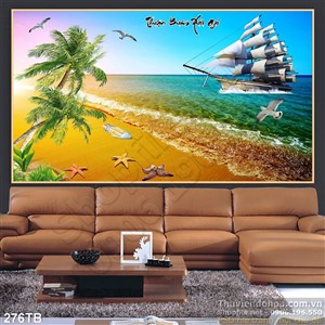 Tranh thuyền buồm xuôi gió bãi cát vàng và chim hải âu