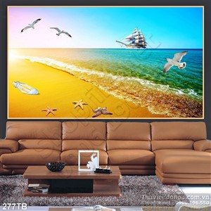 Tranh thuyền buồm xuôi gió hải âu và bầu trời xanh