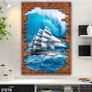 Tranh thuyền buồm xuôi gió thuyền và khung gạch