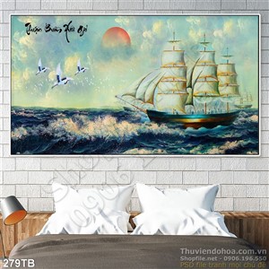 Tranh thuyền buồm xuôi gió sơn dầu cảnh thuyền đánh bắt cá uv