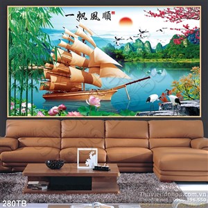 Tranh thuyền buồm xuôi gió núi và hồ nước 3d