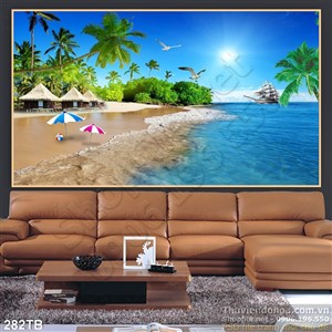 Tranh thuyền buồm xuôi gió khu resort bãi biển in uv