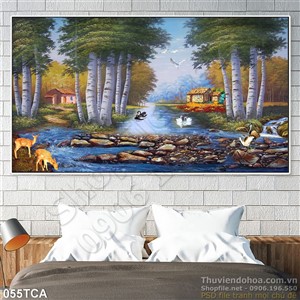 Tranh Sơn Dầu Châu Âu ngôi nhà ven sông