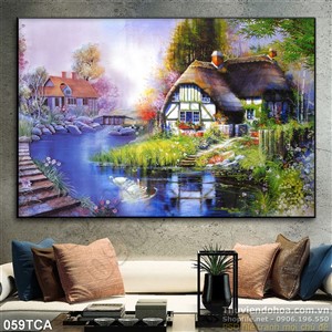Tranh Sơn Dầu Châu Âu ngôi nhà ven sông