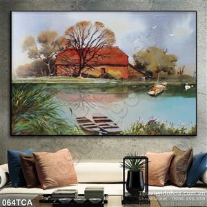 Tranh Sơn Dầu Châu Âu ngôi nhà ven sông