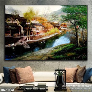 Tranh Sơn Dầu Châu Âu ngôi nhà ven sông