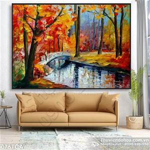 Tranh Sơn Dầu Châu Âu cây cầu và rừng phong
