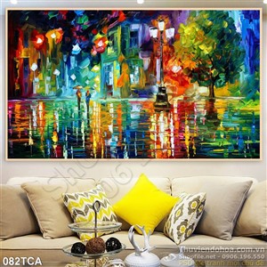 Tranh Sơn Dầu Châu Âu phố lên đèn