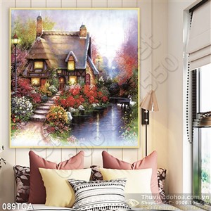 Tranh Sơn Dầu Châu Âu biệt thự ven sông