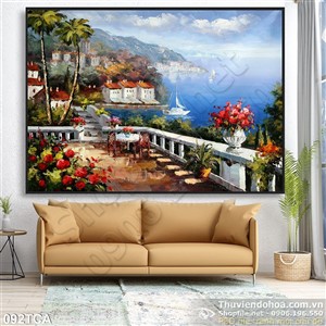 Tranh Sơn Dầu Châu Âu ban công nhìn ra biển