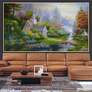 Tranh Sơn Dầu Châu Âu ngôi nhà nhỏ ven sông