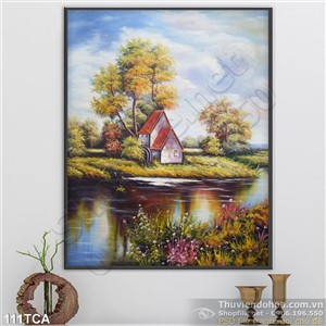 Tranh Sơn Dầu Châu Âu ngôi nhà nhỏ ven sông