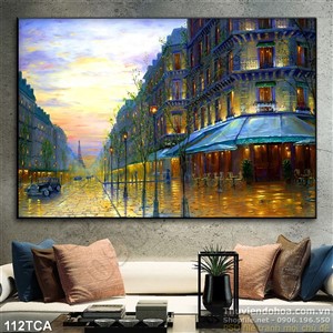 Tranh Sơn Dầu Châu Âu khu phố lên đèn