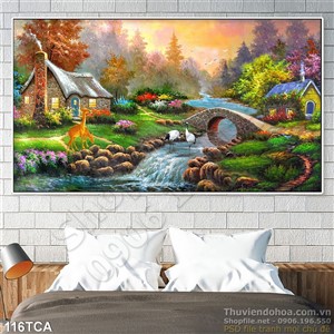 Tranh Sơn Dầu Châu Âu ngôi nhà ven sông