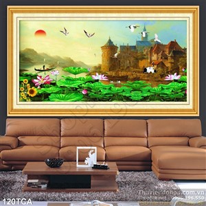 Tranh Sơn Dầu Châu Âu hoa sen và lâu đài