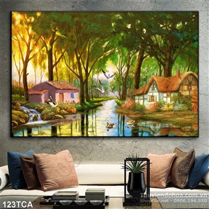 Tranh Sơn Dầu Châu Âu khu nhà trên sông