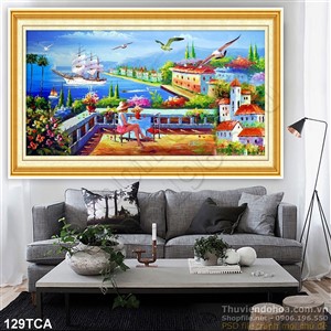 Tranh Sơn Dầu Châu Âu ban công nhìn ra biển