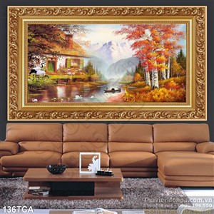 Tranh Sơn Dầu Châu Âu ngôi nhà bên dòng sông