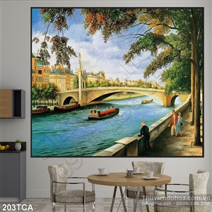 Tranh Sơn Dầu Châu Âu dòng sông khu rừng
