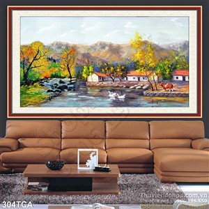 Tranh Sơn Dầu Châu Âu làng ven sông